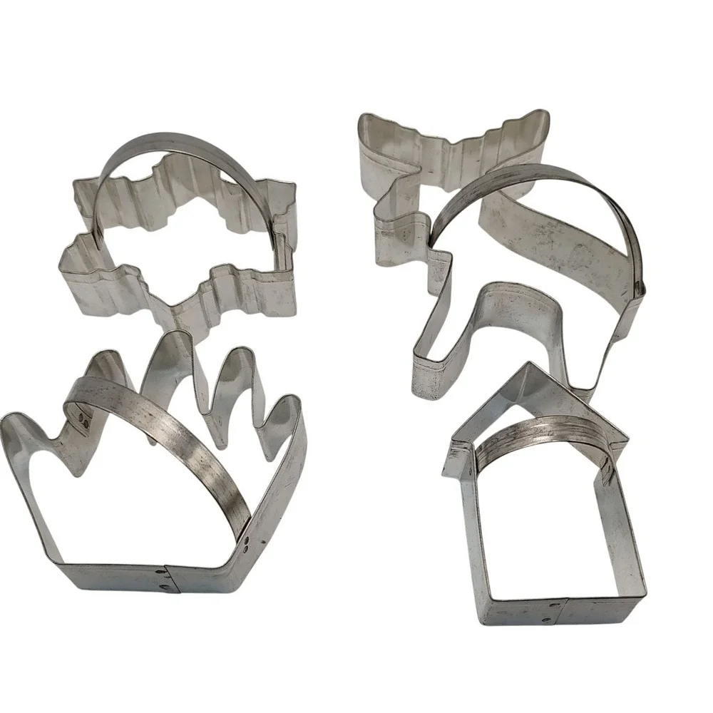 Large Vintage Cookie Cutters Snowflake Moose Hand House with Handles Set of Four